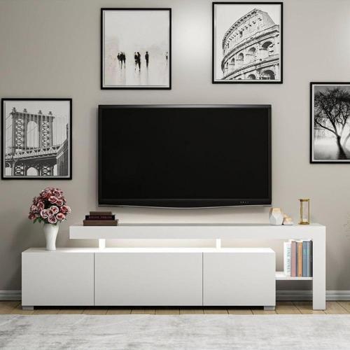 Beliz Modern LED Işıklı 3 Kapaklı, Raflı TV Sehpası – 192 cm, Beyaz