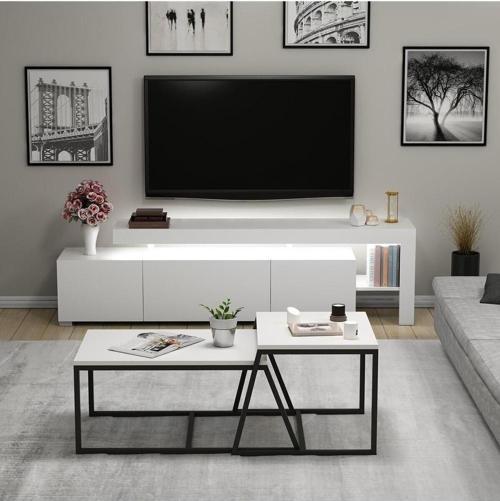 Beliz Işıklı Tv Ünitesi Ve Minimal 2'li Orta Sehpa Takımı Beyaz