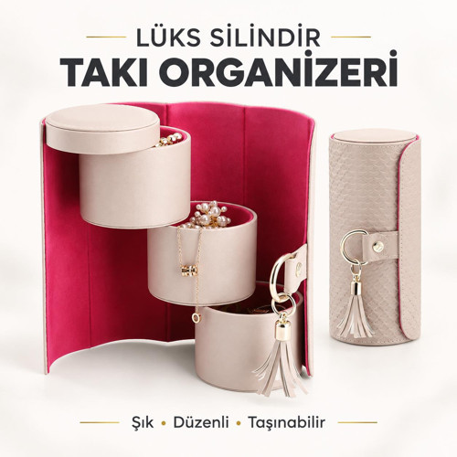 Silindir Takı Organizeri 3 Bölmeli Seyahat Mücevher Kutusu Yüzük Küpe Kolye Bileklik Saklama Çantası