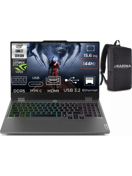 LOQ 15IRX10 Intel Core I7-13700HX 83JE00KMTR-K057 64GB 1TB RTX5050 8GB W11Pro 15.6" 144Hz Full HD Gaming Laptop & Karina Çanta