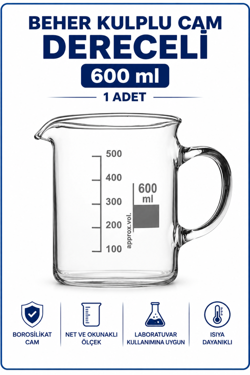 Beher Kulplu Cam 600 ml - Kısa Form Isıya Dayanıklı Beaker