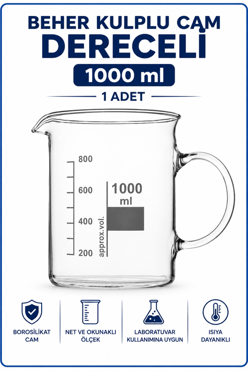 Beher Kulplu Cam 1000 ml - Kısa Form Isıya Dayanıklı Beaker