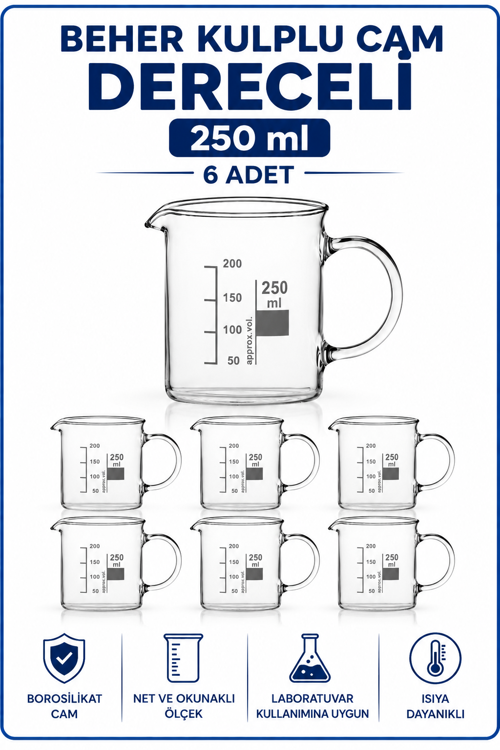 Beher Kulplu Cam 250 ml - Kısa Form Isıya Dayanıklı Beaker 6 Adet