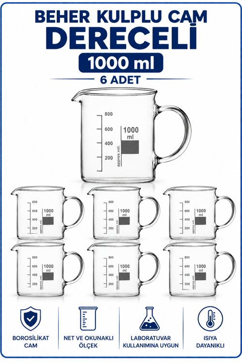 Beher Kulplu Cam 1000 ml - Kısa Form Isıya Dayanıklı Beaker 6 Adet