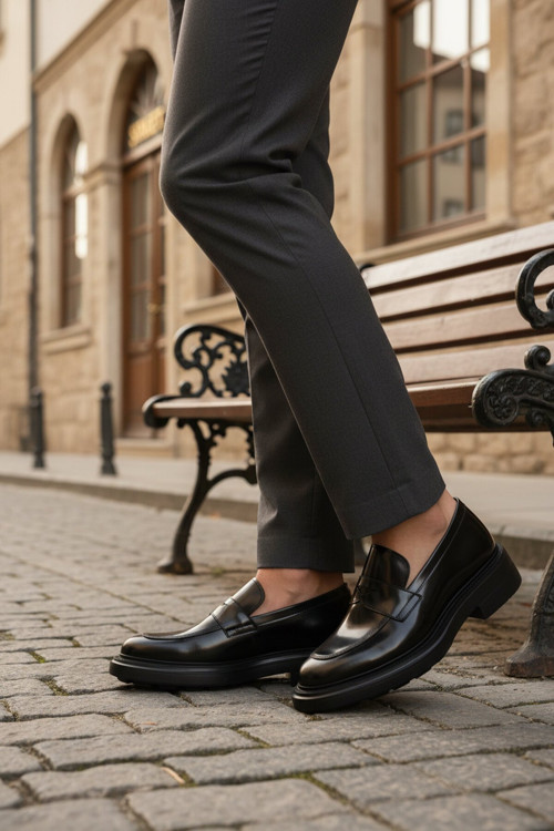Siyah Açma Hakiki Deri Kalın Rahat Tabanlı Erkek Casual Ayakkabı Loafer 3254