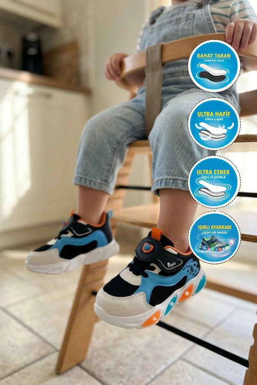Siyah-Oranj Fileli Cırtlı Bebek Spor Ayakkabı Luna B
