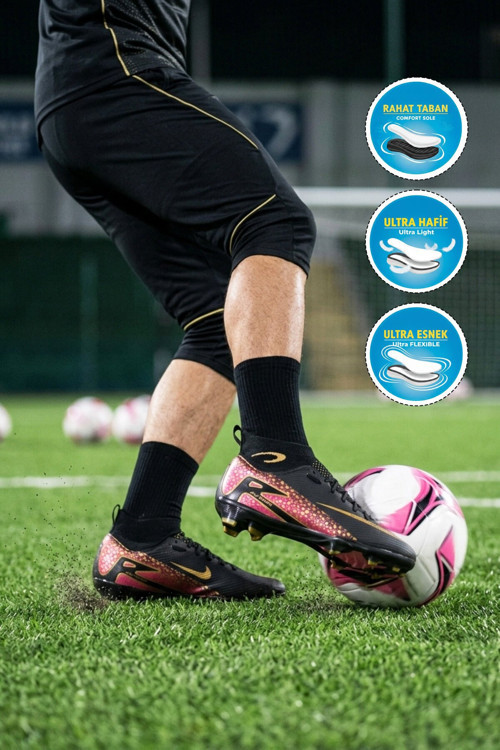 Siyah-Altın Çoraplı Bağcıklı Unisex Krampon Futbol Ayakkabısı Süperfly