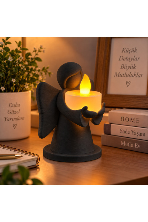 Dekoratif Melek Mumluk LED Pilli Mum Hediyeli 3D Baskı Masa ve Ev Dekoru 10x8 cm - Siyah