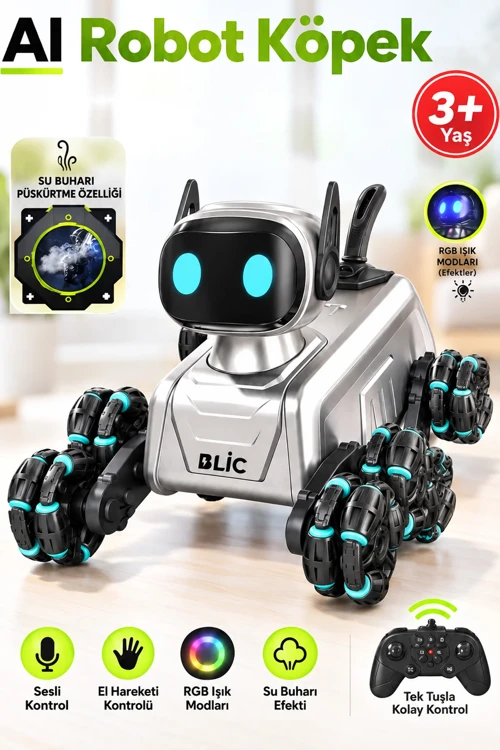 Akıllı AI Robot Köpek Kumandalı Ses Kontrollü Akrobatik Hareketli Işık Sesli Efektli Şarjlı Oyuncak