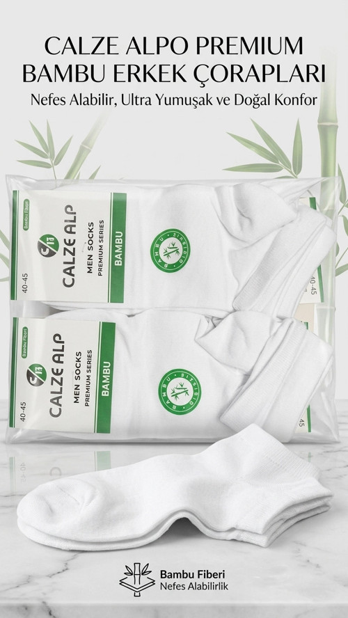 Calze Man Bambu Yarım Konç Erkek Patik Çorap Beyaz 6 Adet
