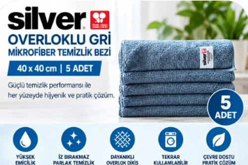 Overloklu Gri Mikrofiber Temizlik Bezi 40x40 cm 5 adet
