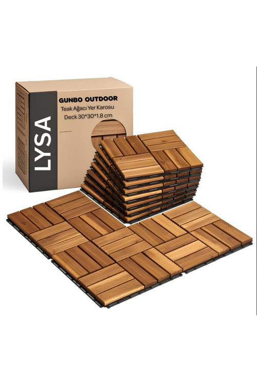 LYSA Teak Ağacı Yer Karosu 9 Adet 1 Koli Bahçe Banyo Deck Ahşap Karo Masif Yer Döşemesi Balkon Deck