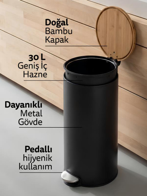 Bambu Metal Pedallı 30 Lt. Siyah Çöp Kovası