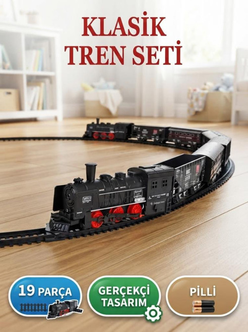 19 Parça Klasik Ekspres Tren Seti - Pilli Oyuncak Eğitici Eğlenceli Tren ve Ray Seti