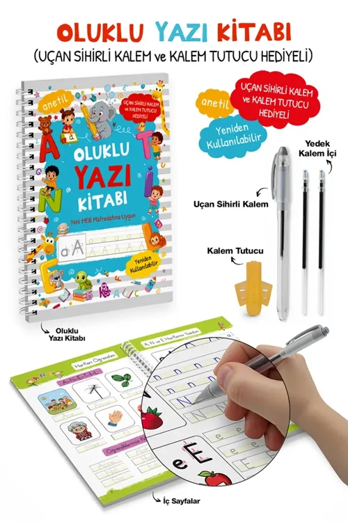 Oluklu Yazı Kitabı (anetil) / Uçan Sihirli Kalem ve Kalem Tutucu Hediyeli Bigkids Yayınları