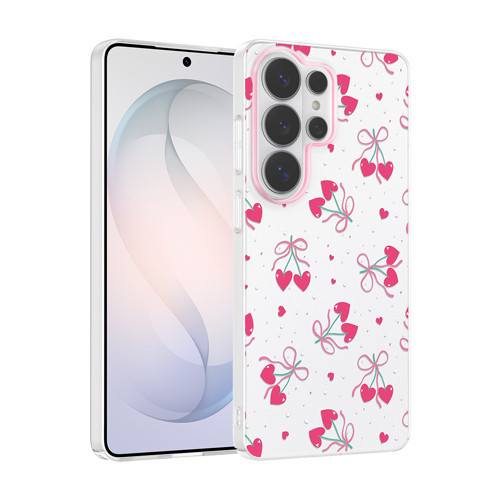Galaxy S26 Ultra Kılıf Kamera Korumalı Desenli MKST Klip Kapak - Kalpli Kiraz
