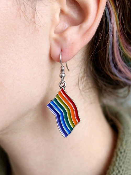 Mineli Gökkuşağı Pride Bayrak Şekilli Unisex Küpe Çift Adet Gümüş Kaplama El Yapımı Unisex Küpe
