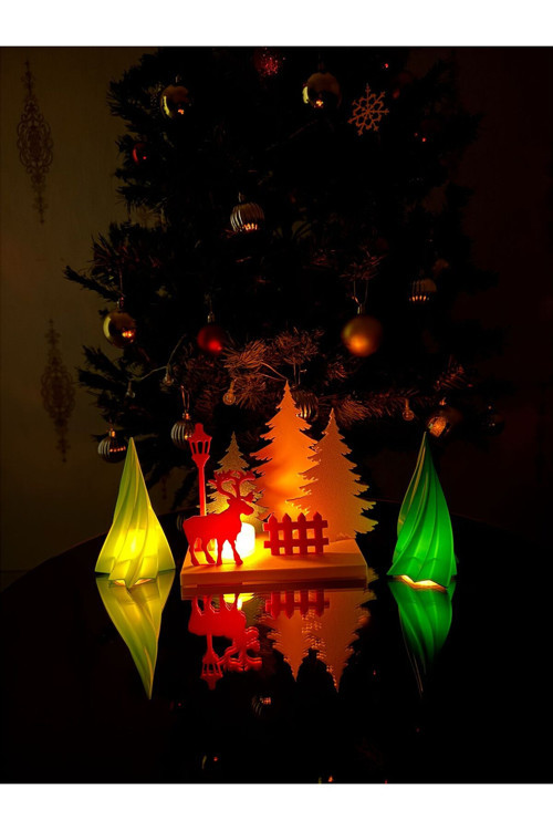 Geyik Ve Çam Ağaçlı Kış Köyü Tealight Mumluk Işıklı Yılbaşı Masaüstü Dekoru