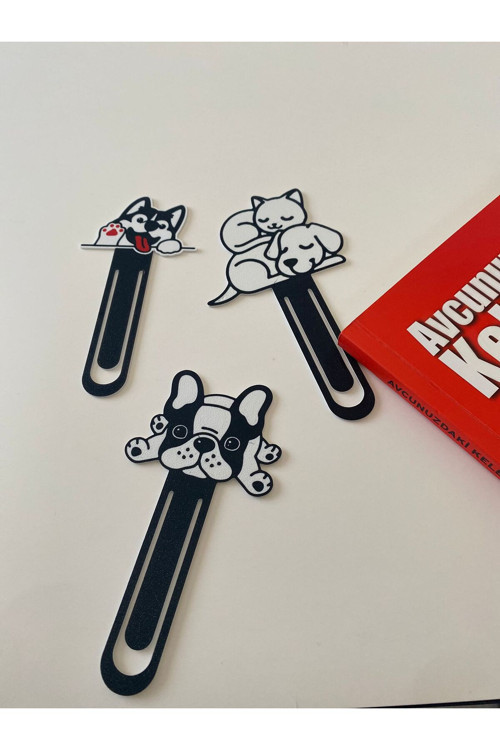 Çocuk Kedi Köpek Tasarımlı Kitap Ayracı 3’Lü-Siyah-Beyaz Hediyelik