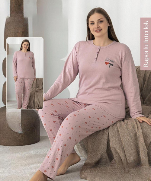 Kadın Düğme Yaka Raporlu İnterlok KIŞLIK Battal Pijama Takımı 0387 - 1 Adet