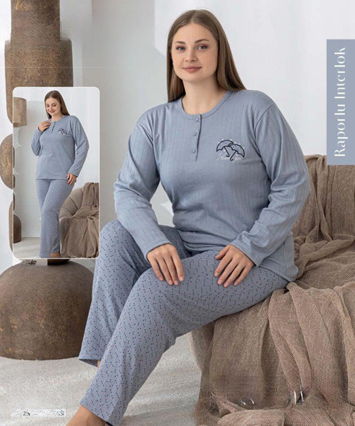 Kadın Düğme Yaka Raporlu İnterlok KIŞLIK Battal Pijama Takımı 0385 - 1 Adet