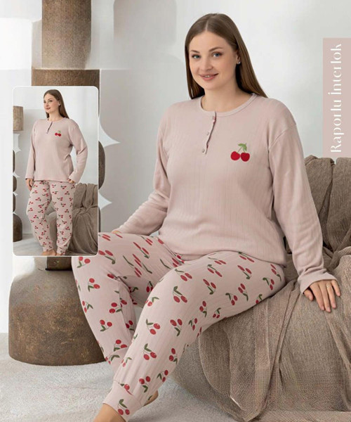 Kadın Düğme Yaka Raporlu İnterlok KIŞLIK Battal Pijama Takımı 0268 - 1 Adet