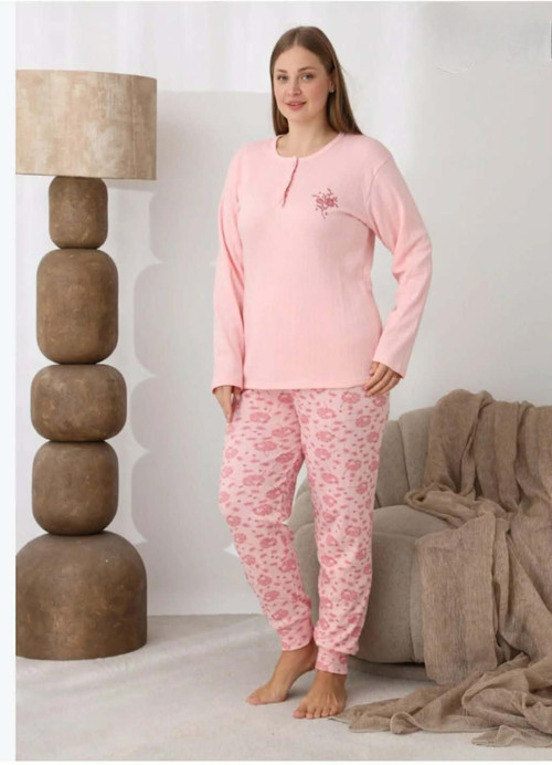 Kadın Düğme Yaka Raporlu İnterlok KIŞLIK Battal Pijama Takımı 0330 - 1 Adet