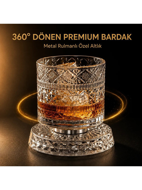 Hili 360° Dönen Metal Rulmanlı Premium Cam Bardak ve Özel Altlık 270 ml Kokteyl Viski Bardağı
