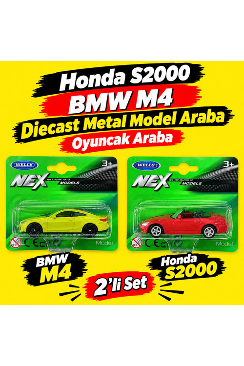 alpmodel Honda S2000 BMW M4 Diecast Metal Model Araba Oyuncak Araba 1/64 Lisanslı 2'li Set