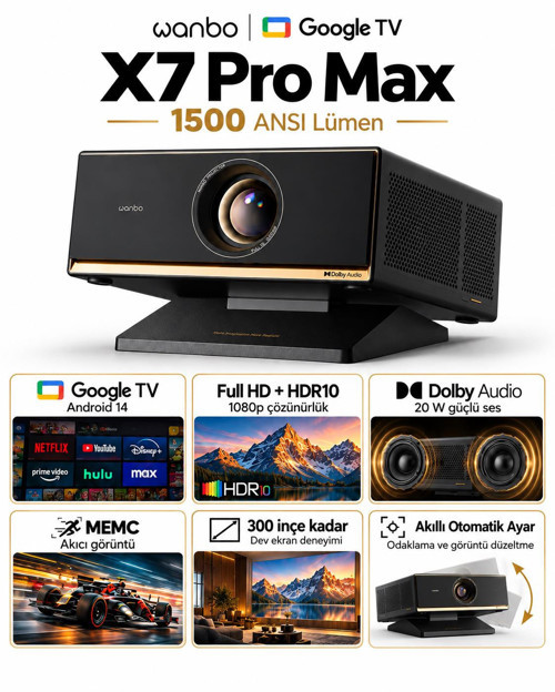 X7 Pro Max Google TV Projeksiyon Cihazı, 1500 ANSI Lümen, Full HD 1080p, 4K Destekli, Otomatik Odaklama