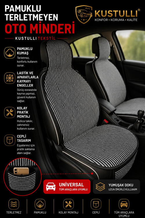 3'lü Pilot Terletmeyen Oto Koltuk Kilim Minder Cepli Model (Siyah/Beyaz)
