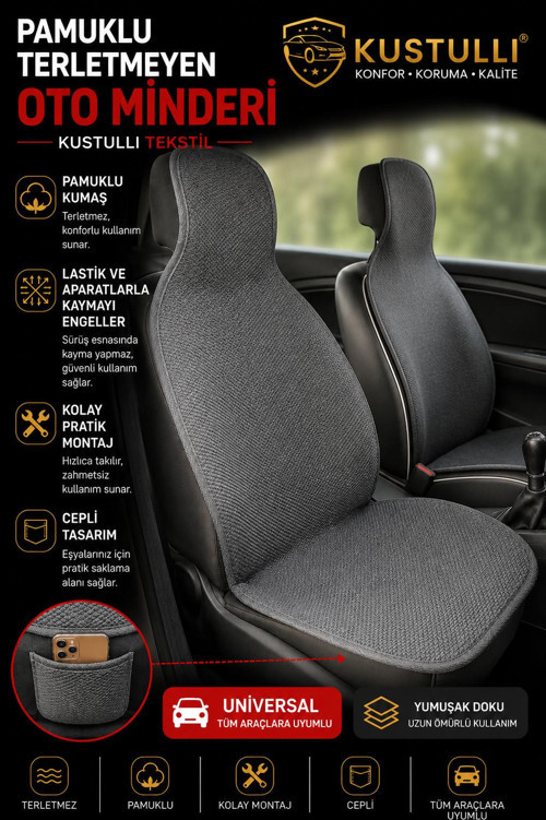3'lü Pilot Terletmeyen Oto Koltuk Kilim Minder Cepli Model (Gri)