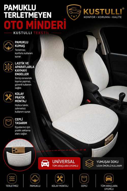 3'lü Pilot Terletmeyen Oto Koltuk Kilim Minder Cepli Model (Krem)