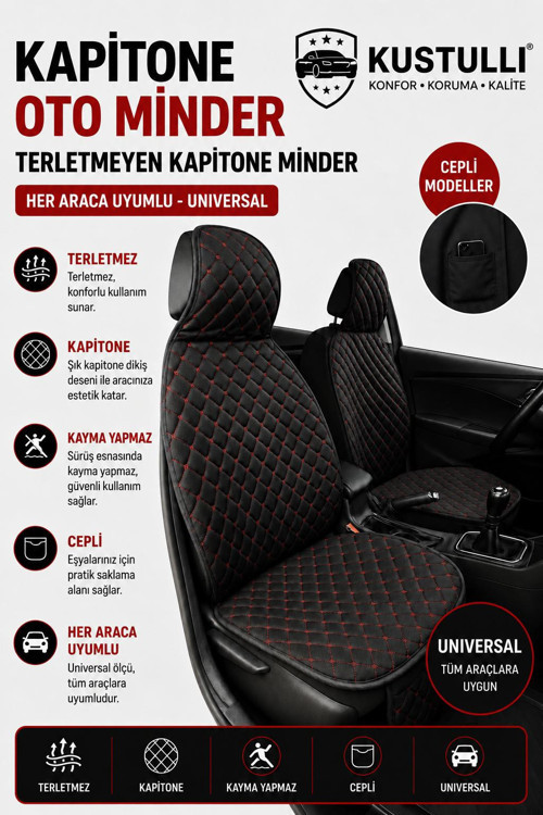 3'lü Pilot Kapitone Terletmeyen Oto Koltuk Minder Cepli Model (Kırmızı)