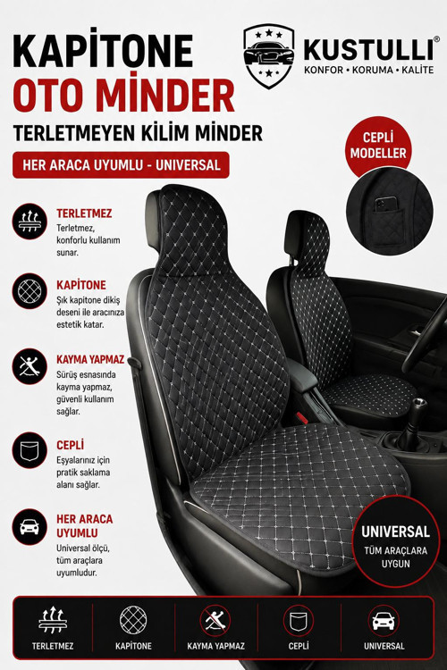 Kuştulli 3'lü Pilot Kapitone Terletmeyen Oto Koltuk Minder Cepli Model (Gri)