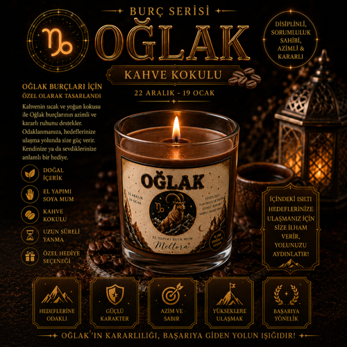Burç Serisi Oğlak Burcu Kahve Kokulu Kahverengi Bardak Mum – El Yapımı Soya Mum