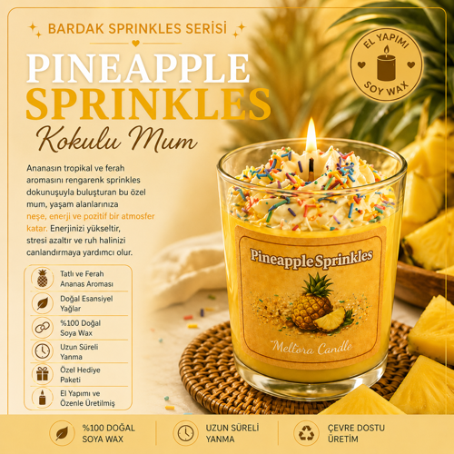 Süslemeli Seri Ananas Kokulu Sarı Bardak Mum – El Yapımı Soya Mum