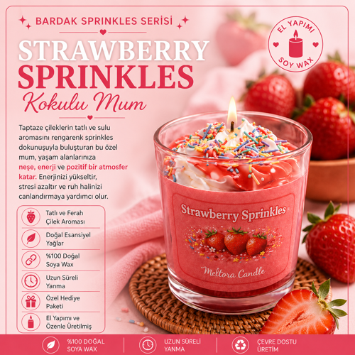 Süslemeli Seri Çilek Kokulu Kırmızı Bardak Mum – El Yapımı Soya Mum