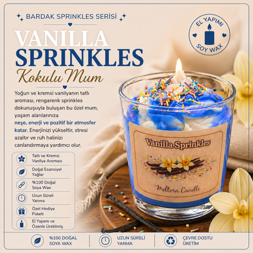 Süslemeli Seri Vanilya Kokulu Mavi Bardak Mum – El Yapımı Soya Mum