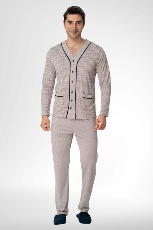 Mecit 22767 Kahve Yazlık Boydan Düğmeli Büyük Beden Erkek Pijama Takımı