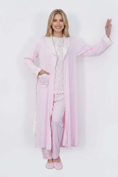 Mecit 6397 Pembe Kadın Uzun Sabahlıklı Pijama Takımı