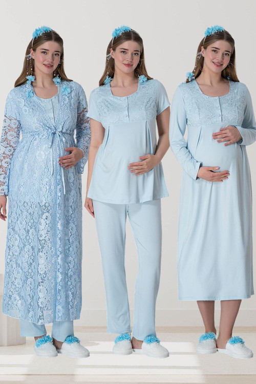 Mecit 6060 Mavi Dantel Sabahlıklı Gecelik Pijama Lohusa Set
