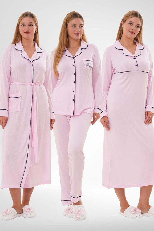 Mecit 6335 Pembe Kadın Sabahlık Gecelik Pijama 4'lü Set