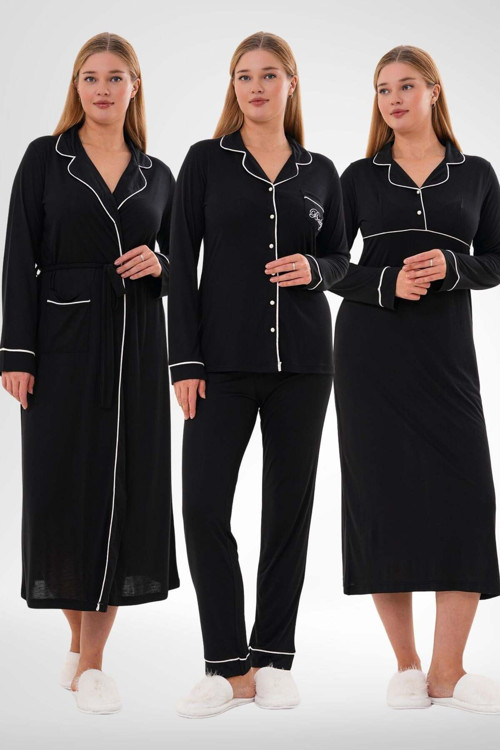 Mecit 6335 Siyah Kadın Sabahlık Gecelik Pijama 4'lü Set