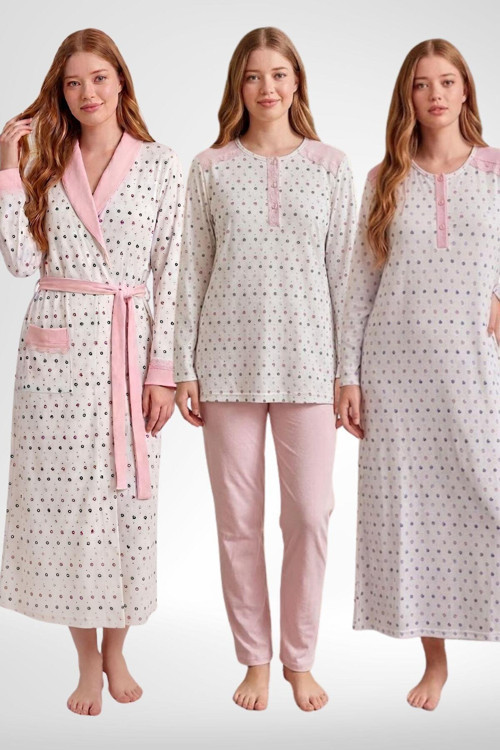 Mecit 6360 Pembe Kadın Sabahlık Pijama Gecelik Set