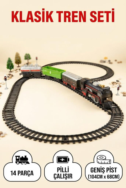 14 Parça Klasik Pilli Tren Seti Demiryolu Tren Oyunu 104x68 cm Raylı Lokomotif Oyuncak Tren