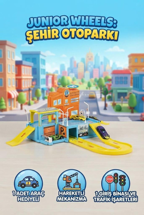 Junior Wheels Şehir Otoparkı 2 Katlı Oyuncak Araba Otopark Seti 1 Araç ve 6 Trafik Levhası Hediyeli
