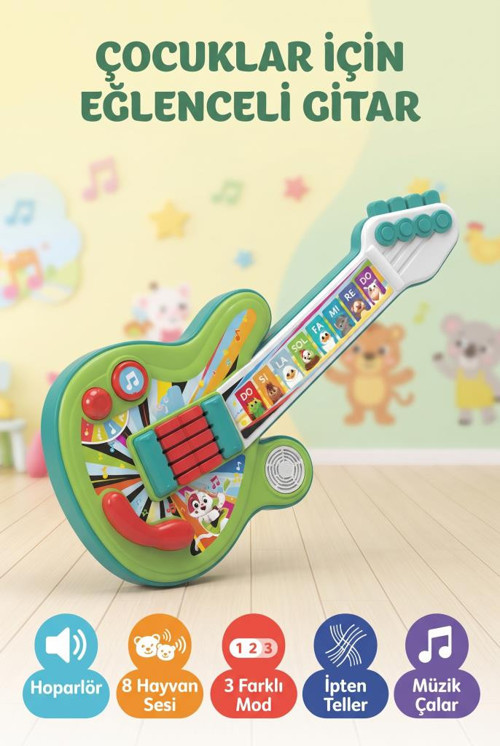 Clemento-ni Müzikli 37 cm Işıklı Sesli 8 Hayvan Kartlı Ve Düğmeli Eğlenceli Bebek Oyuncak Gitarı