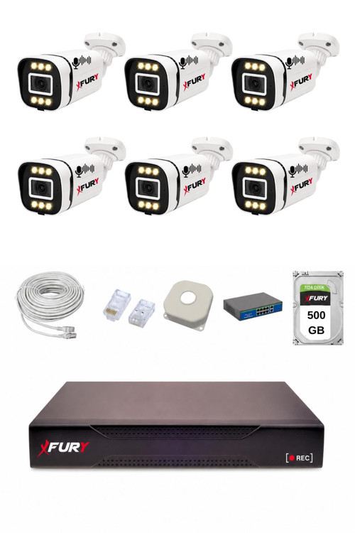 IP 6 Kameralı 1080P Sesli 6 Warm LED Renkli Gece Görüşlü Güvenlik Kamera Sistemi 500GB 1606