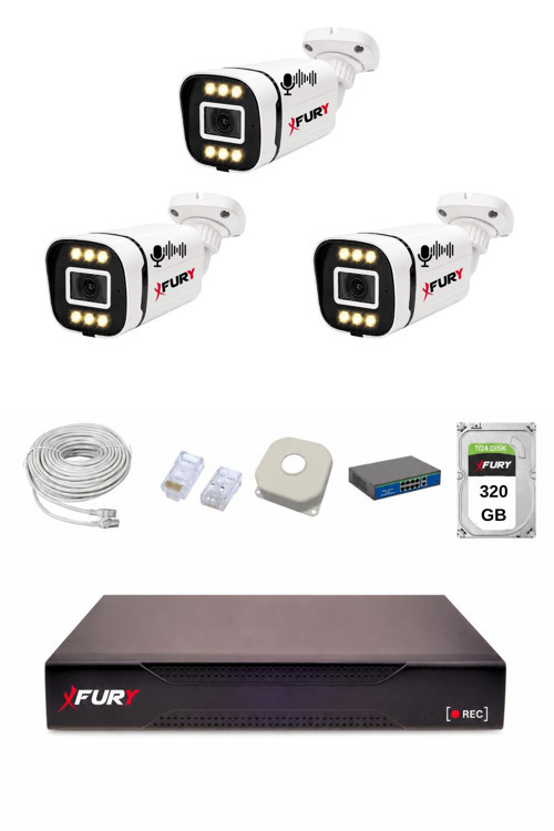 IP 3 Kameralı 1080P Sesli 6 Warm LED Renkli Gece Görüşlü Güvenlik Kamera Sistemi 320GB 1606